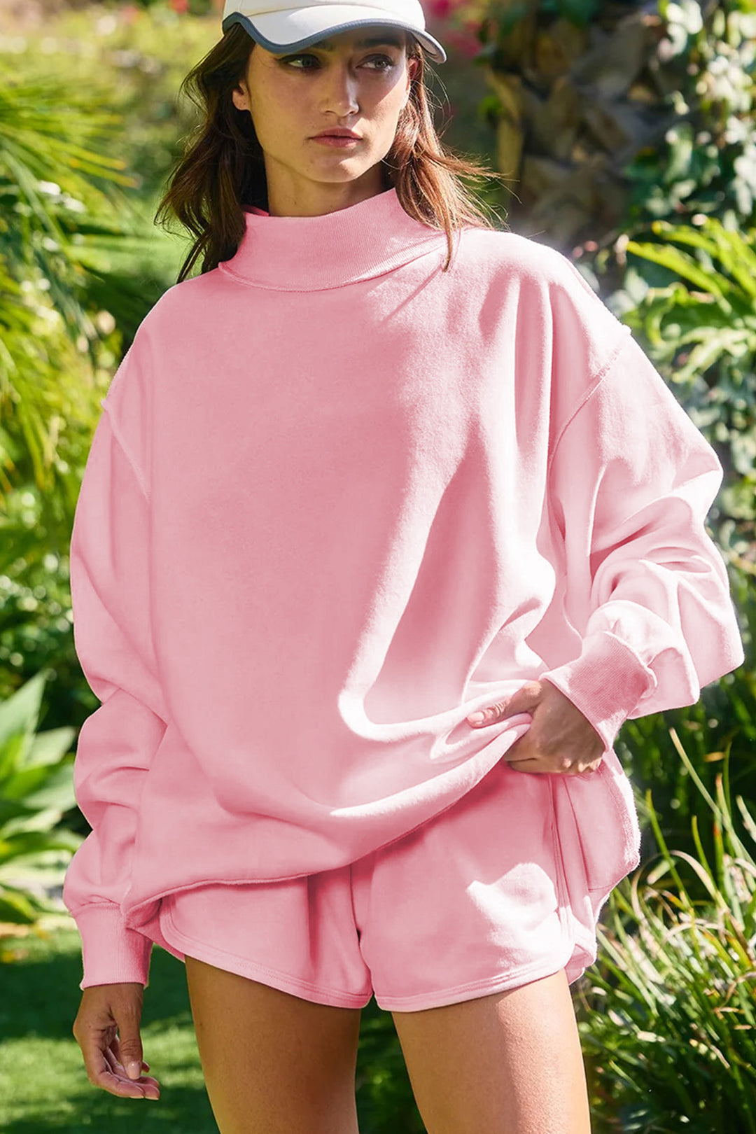 Light Pink High Neck Exposed Seam Drop Shoulder Baggy Pullover Short Set