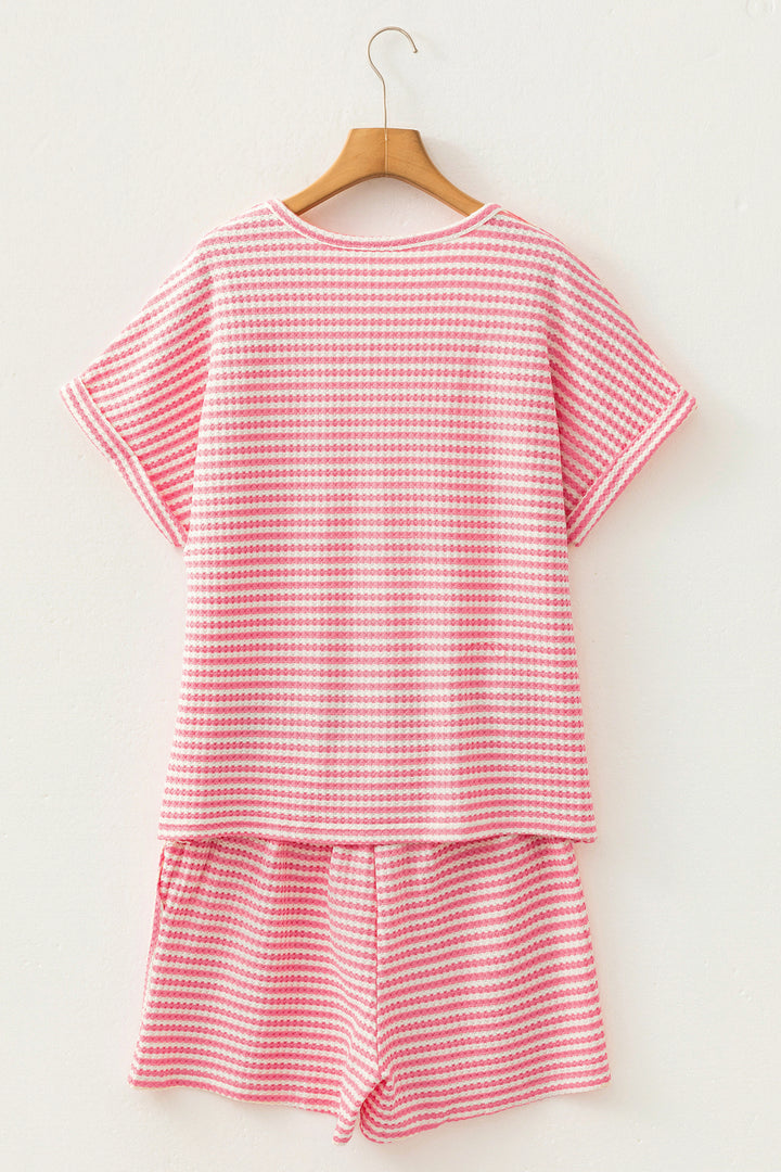 Brown Stripe Breathable Textured Knit Short 2pcs Set