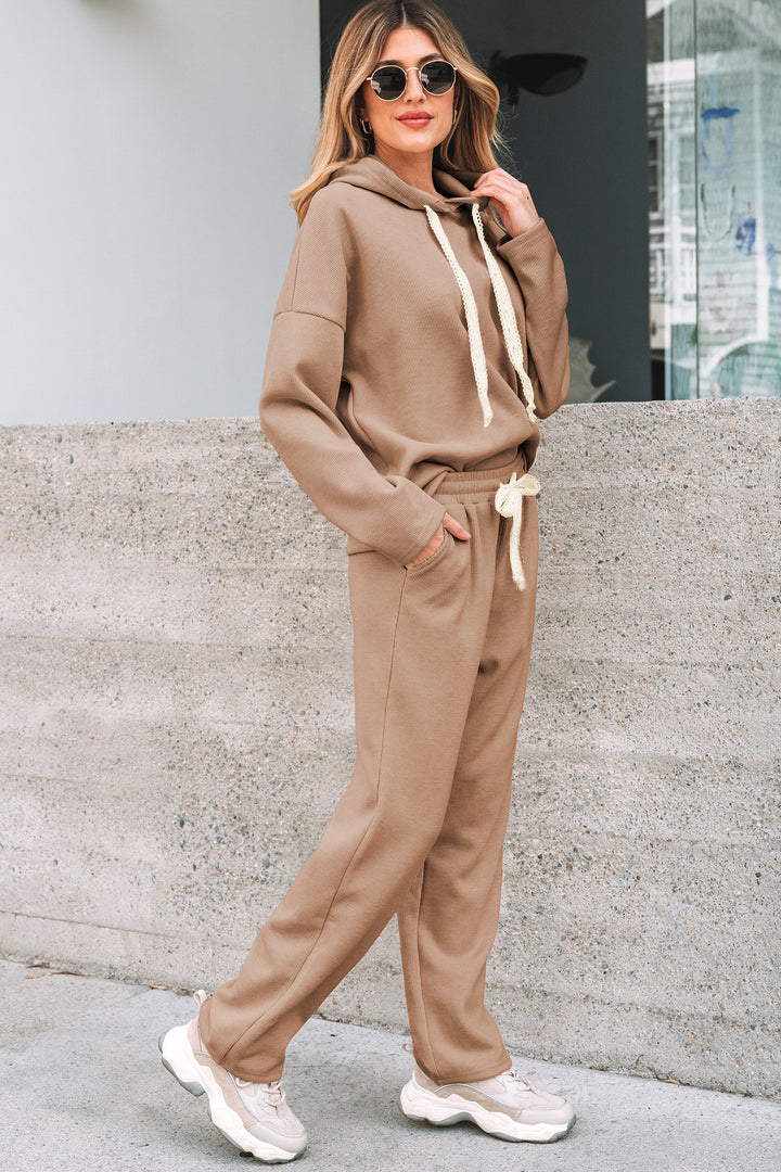 Jet Stream Lace Drawstring Pullover Hoodie and High Waist Pants Corduroy Suit