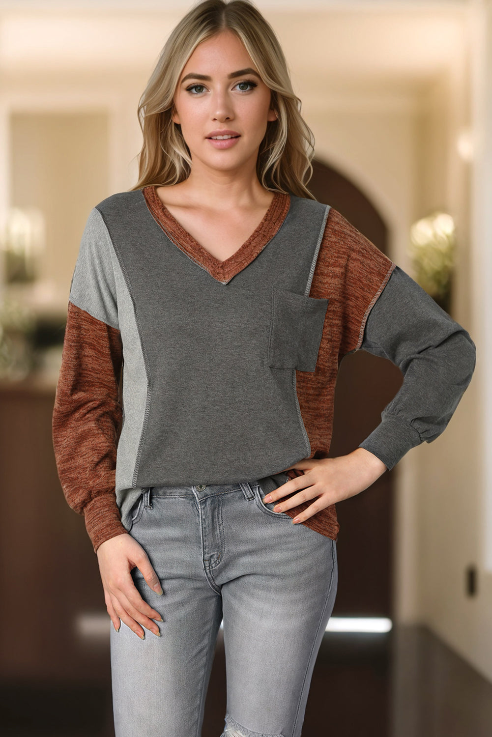 Brown V Neck Color Block Patchwork Loose Pullover