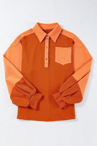 Orange Stripe Exposed Seam Henley Turn-down Neck Puff Sleeve Sweatshirt