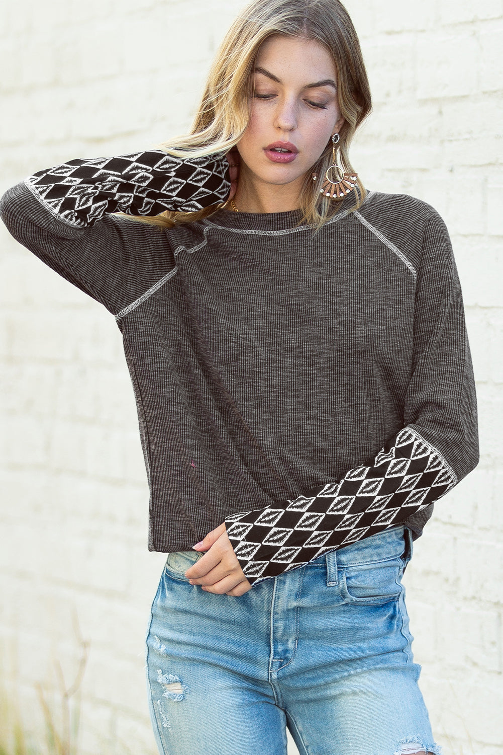 Gray Aztec Patchwork Ribbed Long Sleeve Top