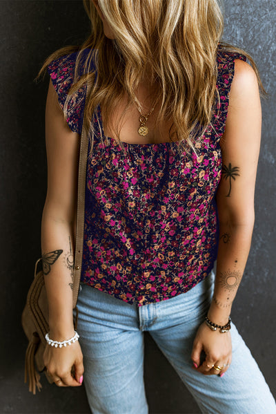 Rose Boho Frilled Straps Floral Tank Top