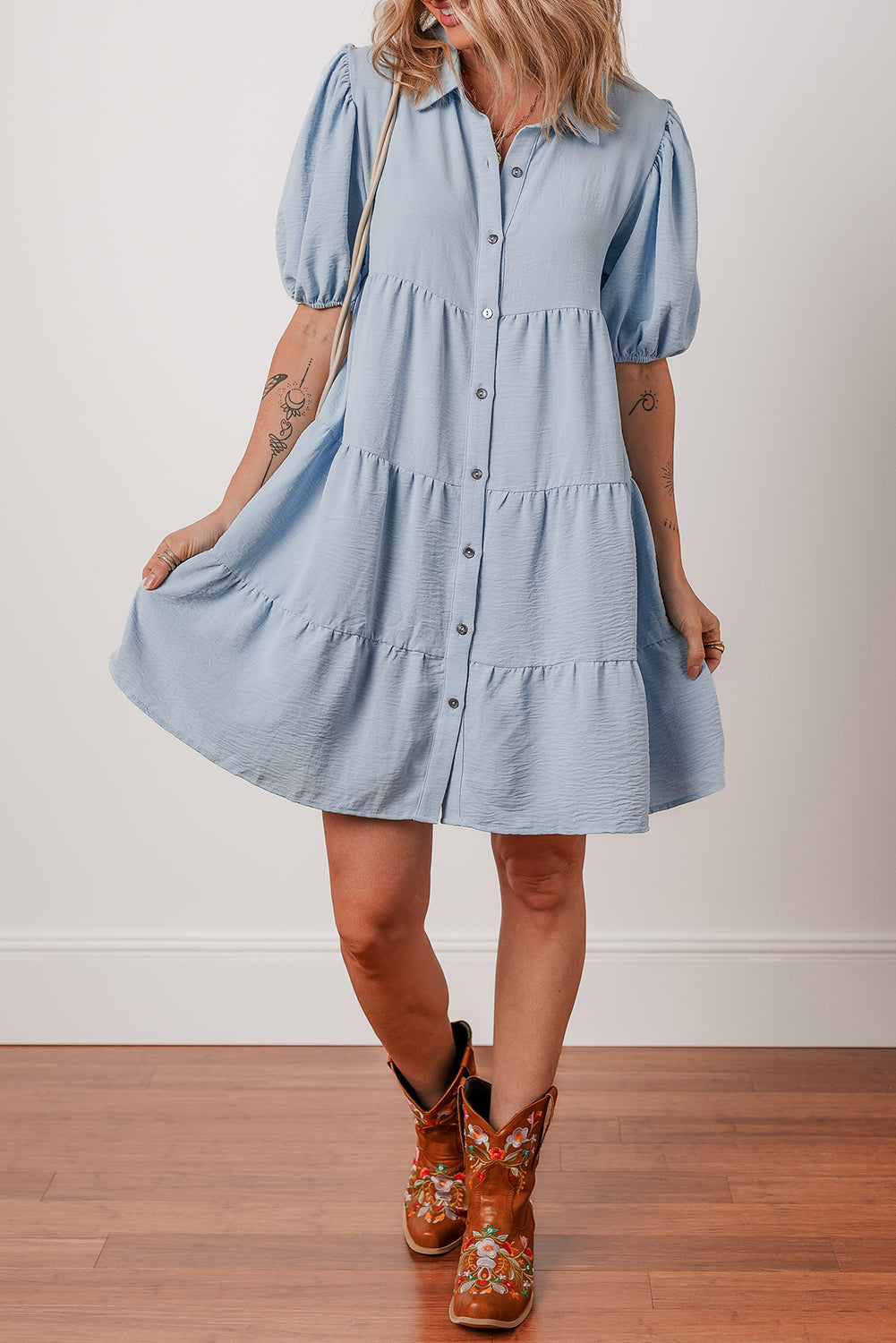 Arya Shirt Collar Button Up Puff Sleeve Tiered Dress