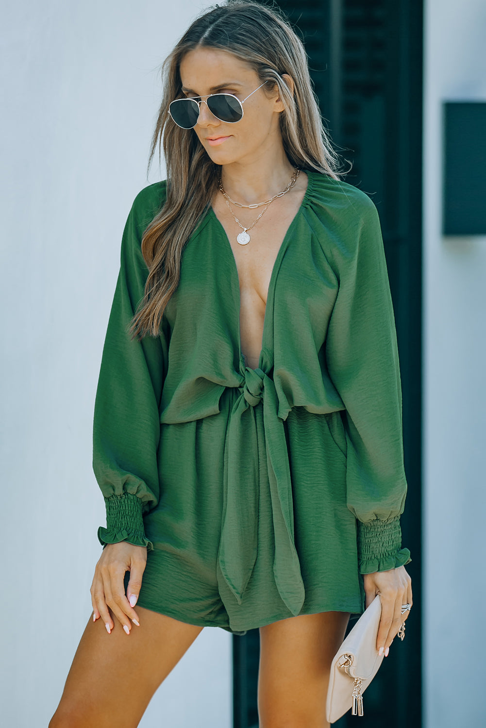 Green Tie Knot Puff Long Sleeve Romper