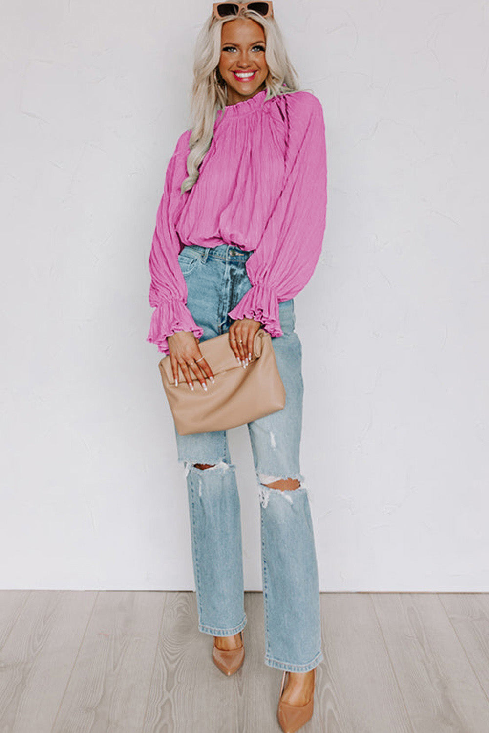 Pink Striking Pleated Flared Cuff Long Sleeve Blouse