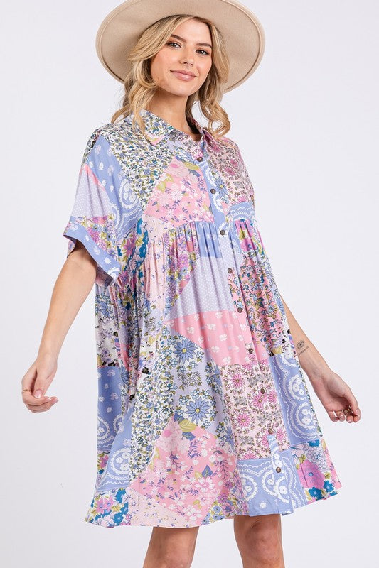 SAGE + FIG Floral Collared Neck Half Sleeve Mini Shirt Dress