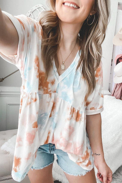 White Tie Dye Flowy Short Sleeve Top