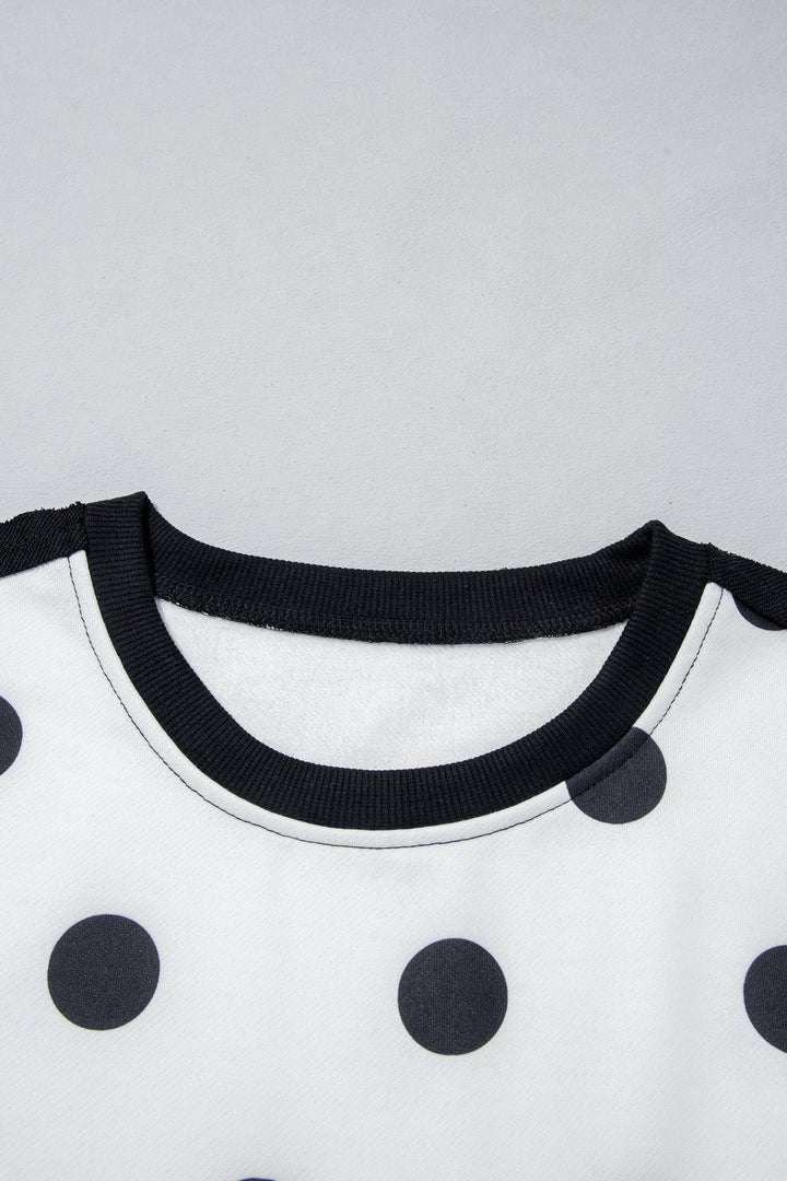 White Polka Dot Contrast Patchwork Round Neck Baggy Sweatshirt