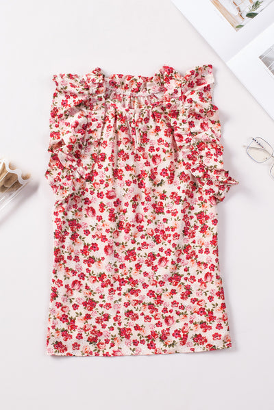 Fiery Red Floral Print Ruffled Mock Neck Sleeveless Top