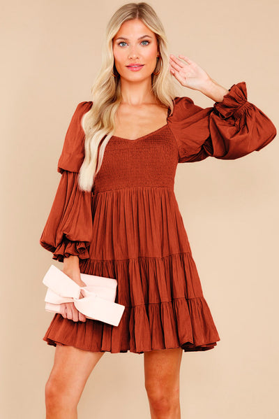 Brown Boho Solid Shirred Ruffle Mini Dress