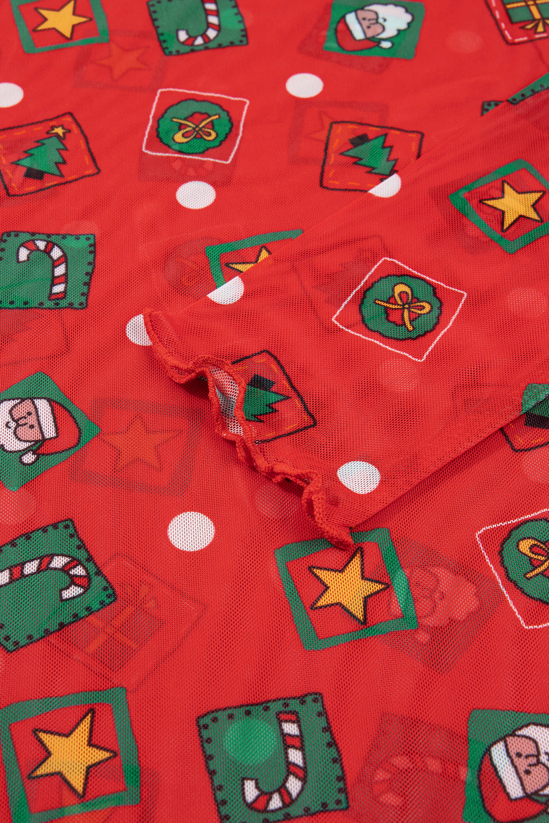 Fiery Red Christmas Elements Printed Long Sleeve Sheer Mesh Top