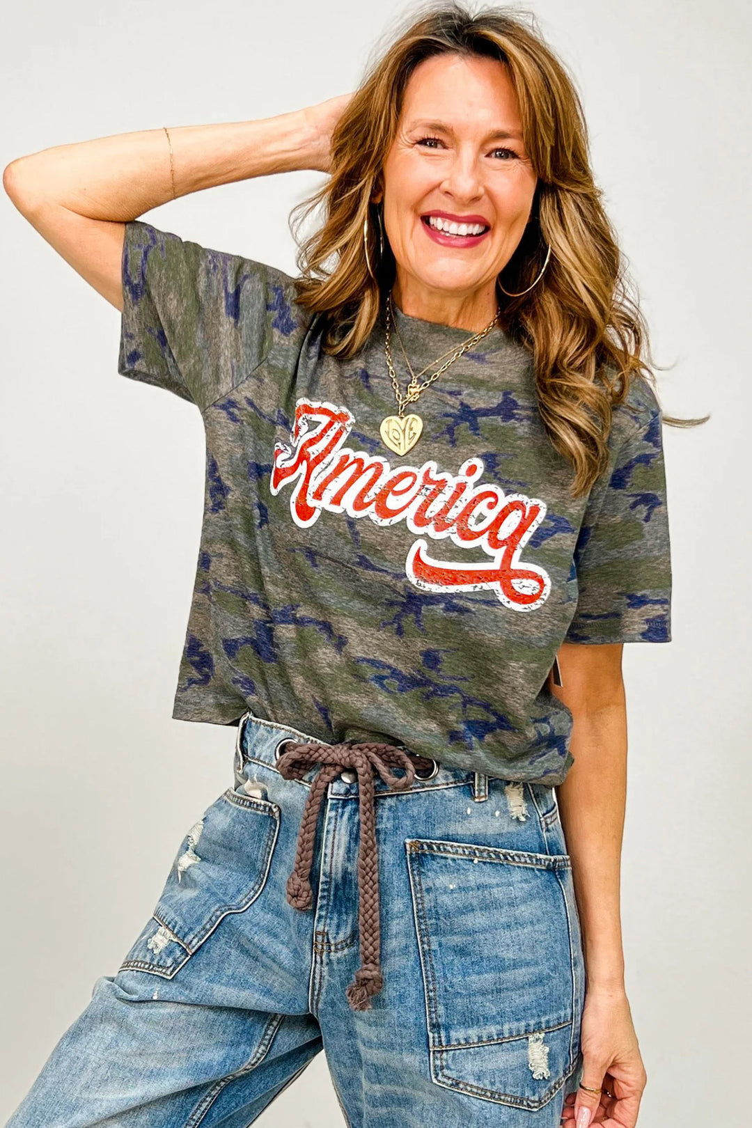 Multicolour Stylish Camouflage Print America Patriotic Tee
