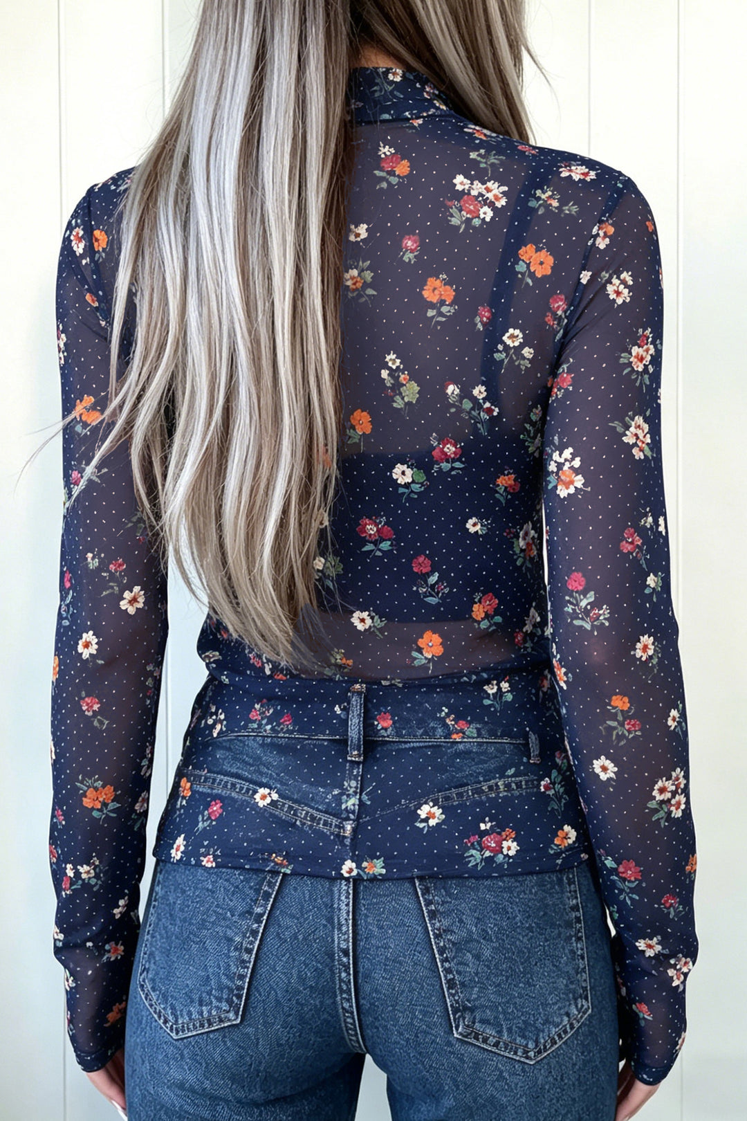 Blue Polka Dot Floral Mesh Long Sleeve High Neck Pullover Sheath Top