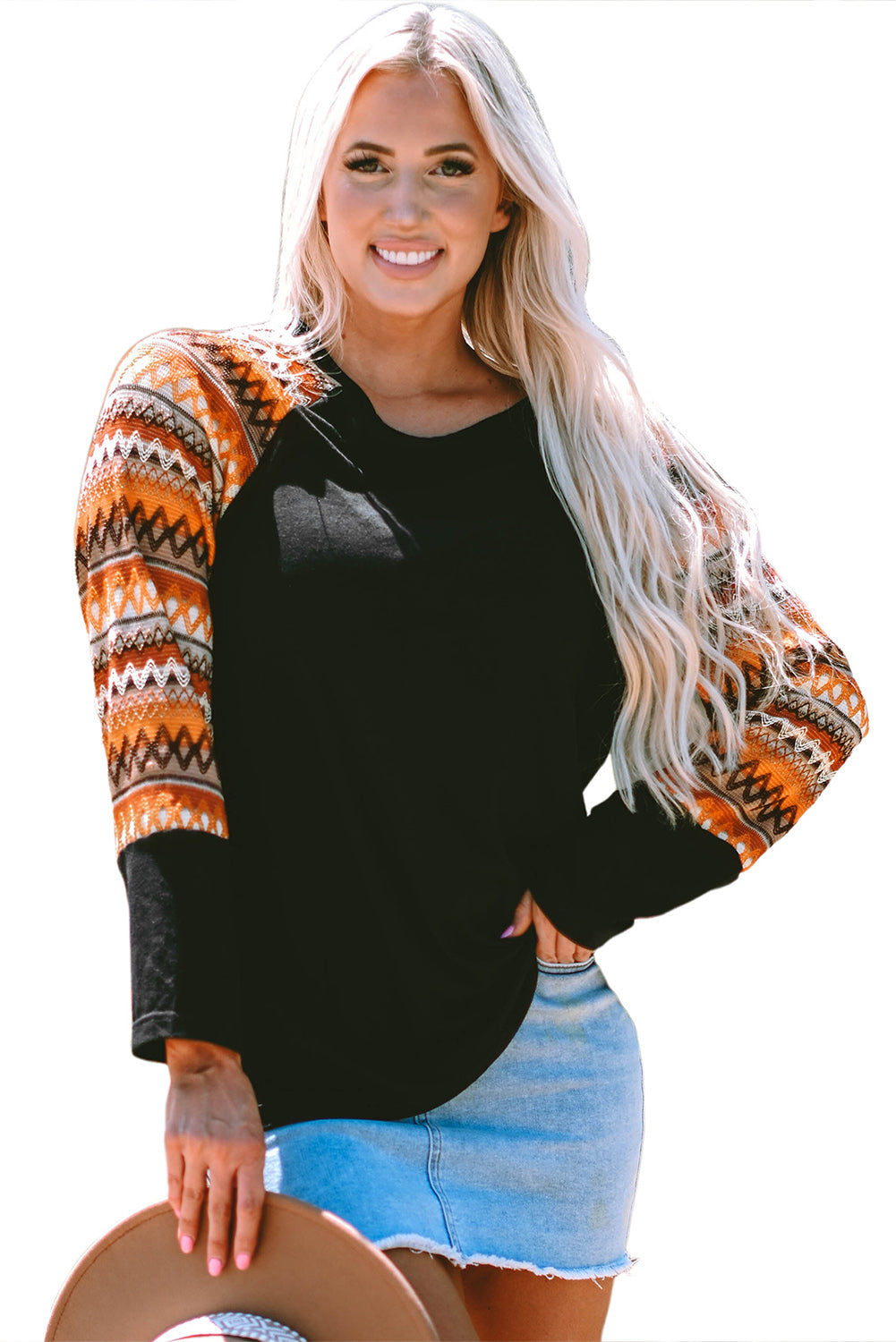 Orange Geo Print Raglan Patchwork Long Sleeve Tee