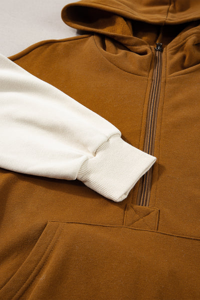 Chestnut Color Block Half Zip Kangaroo Pocketed Hoodie