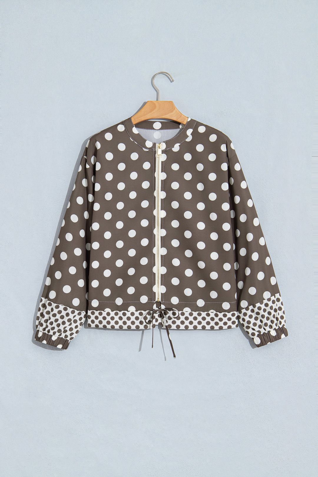 Brown Polka Dot Contrast Detail Zip-Up Long Sleeve Shacket