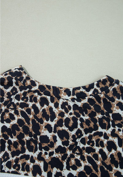 Waffle-Knit Leopard V-Neck Long Sleeve Blouse