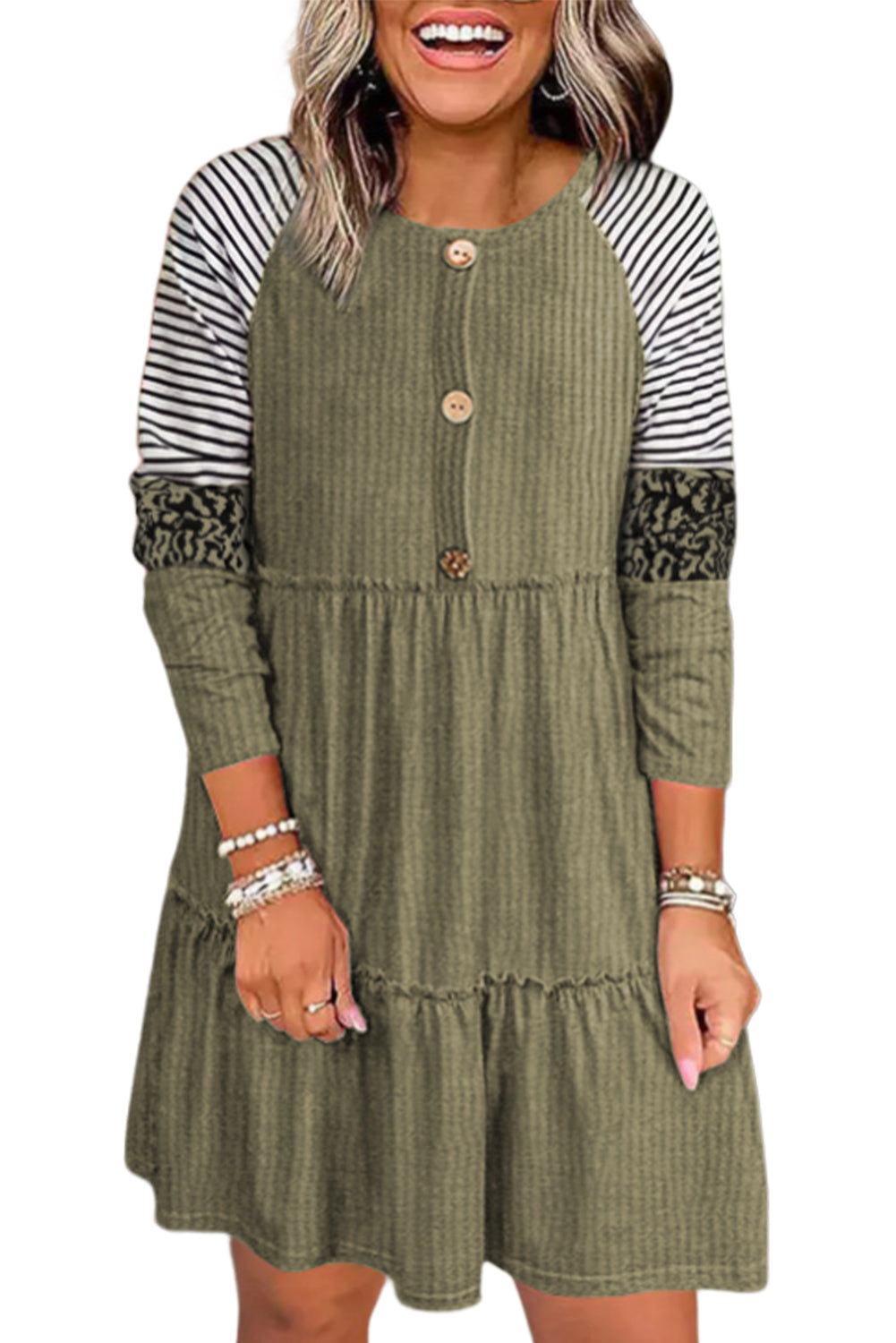 Multicolor Striped Leopard Raglan Sleeve Textured Dress