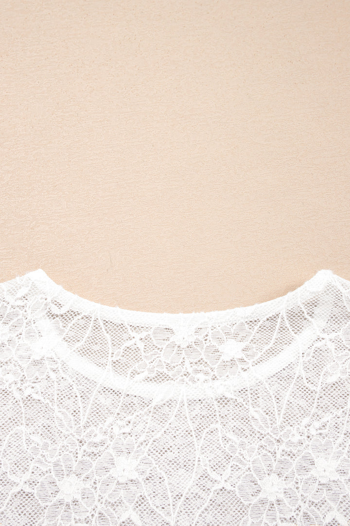 Beige Long Sleeve Sheer Mesh Lace Top