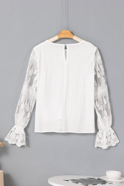 Beige Embroidered Mesh Flounce Sleeve Blouse