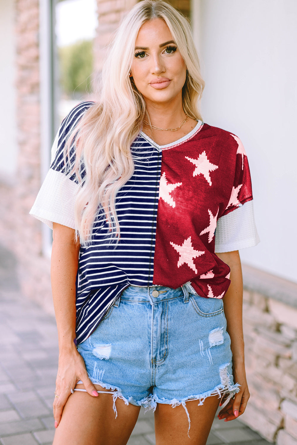 Blue Stripes Stars Print Knit Short Sleeves Top