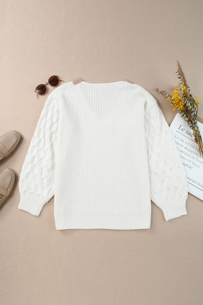 White Cable Puff Sleeve Lace V Neck Sweater