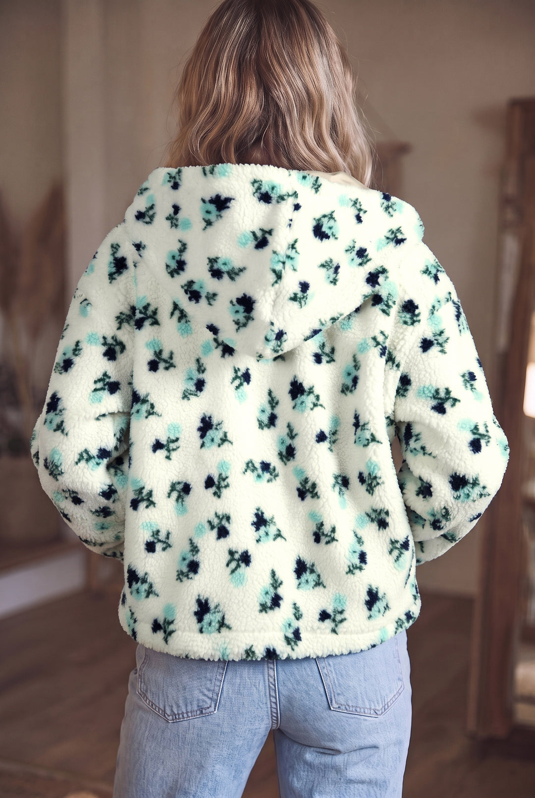 White Floral Print Faux Fur Hooded Metal Zip-up Winter Jacket