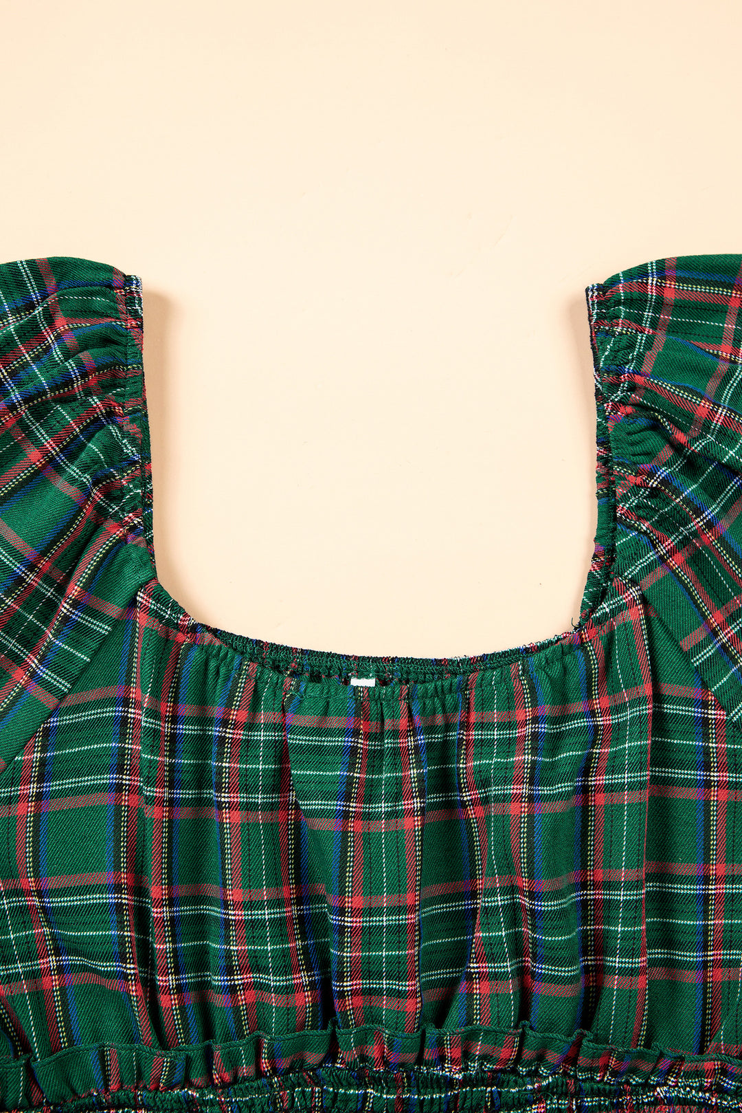 Green Plaid Shirred U Neck Short Sleeve Mini Dress