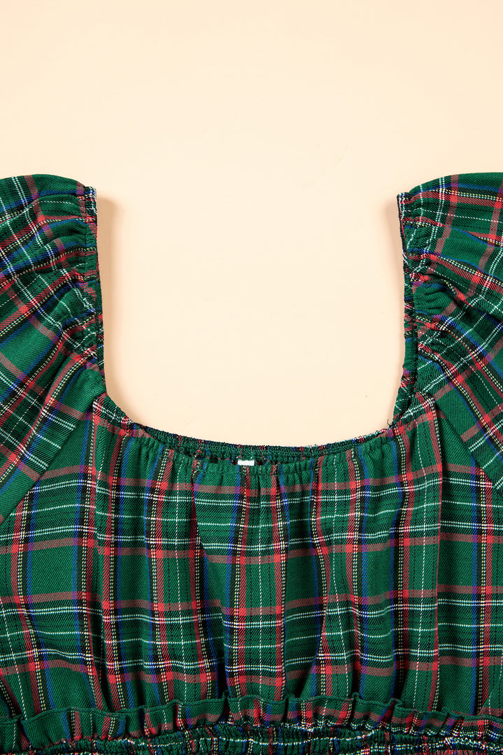 Green Plaid Shirred U Neck Short Sleeve Mini Dress