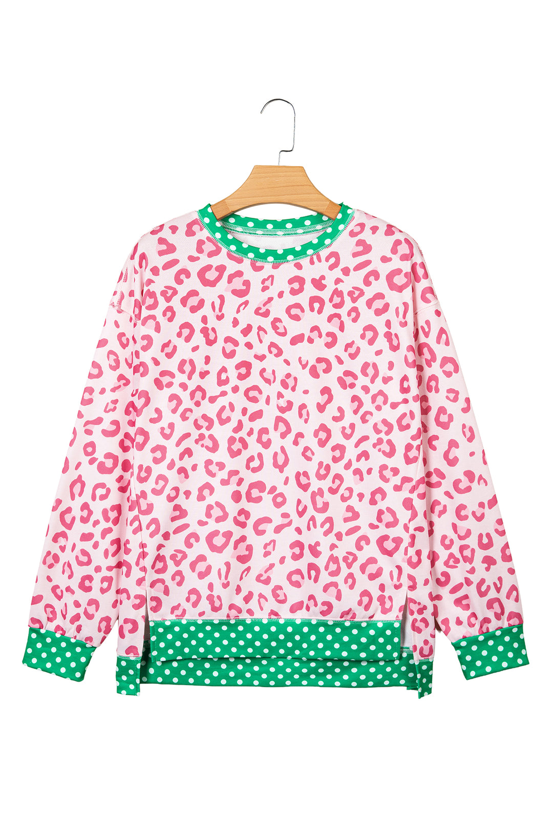 Khaki Leopard Polka Dot Colorblock Trim Long Sleeve Top
