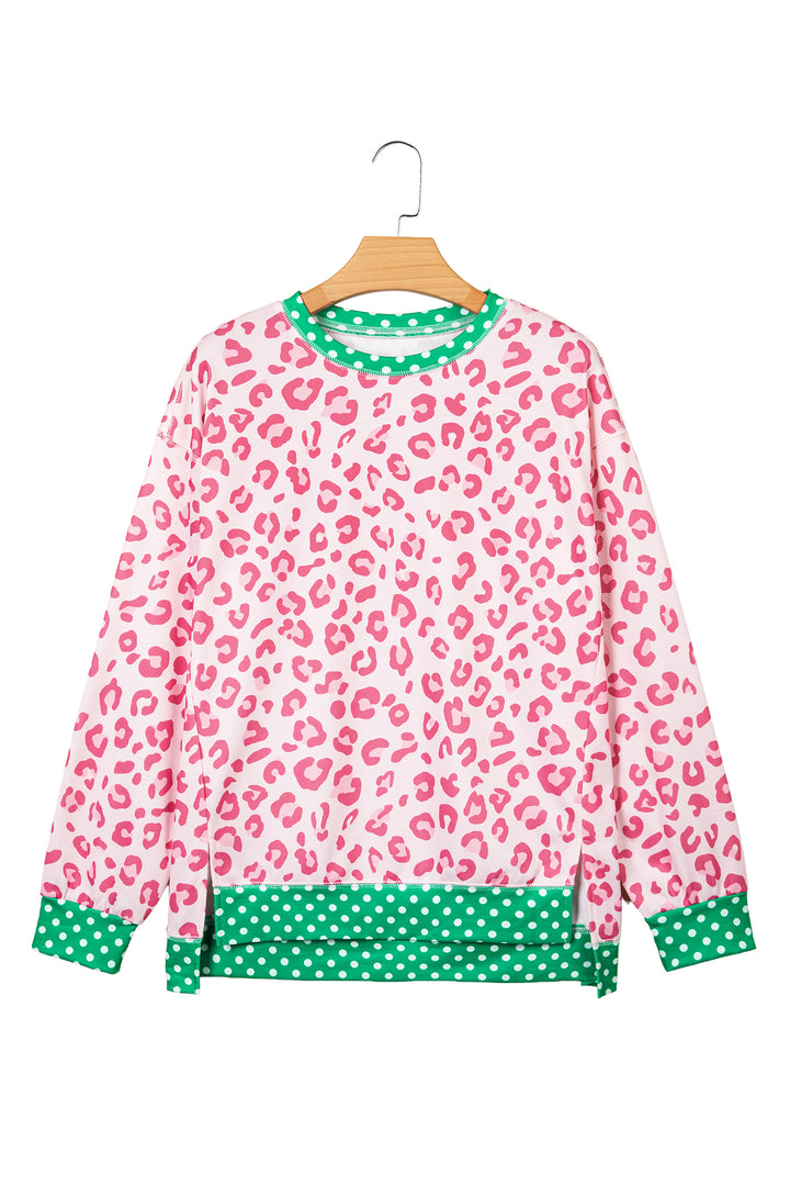 Khaki Leopard Polka Dot Colorblock Trim Long Sleeve Top