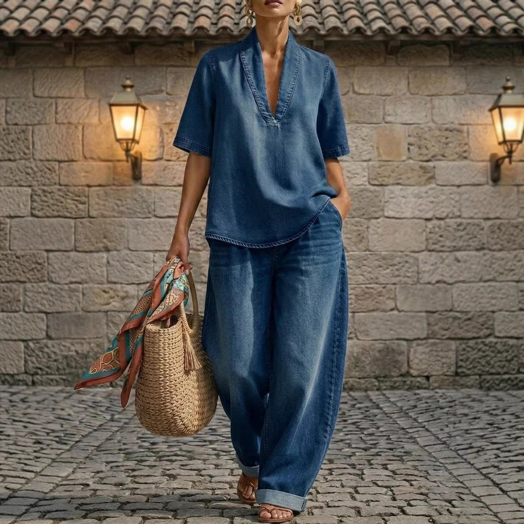 Retro V-Neck Washed Denim Top &amp; Wide-Leg Pants Set – 3 Colors, S–3XL