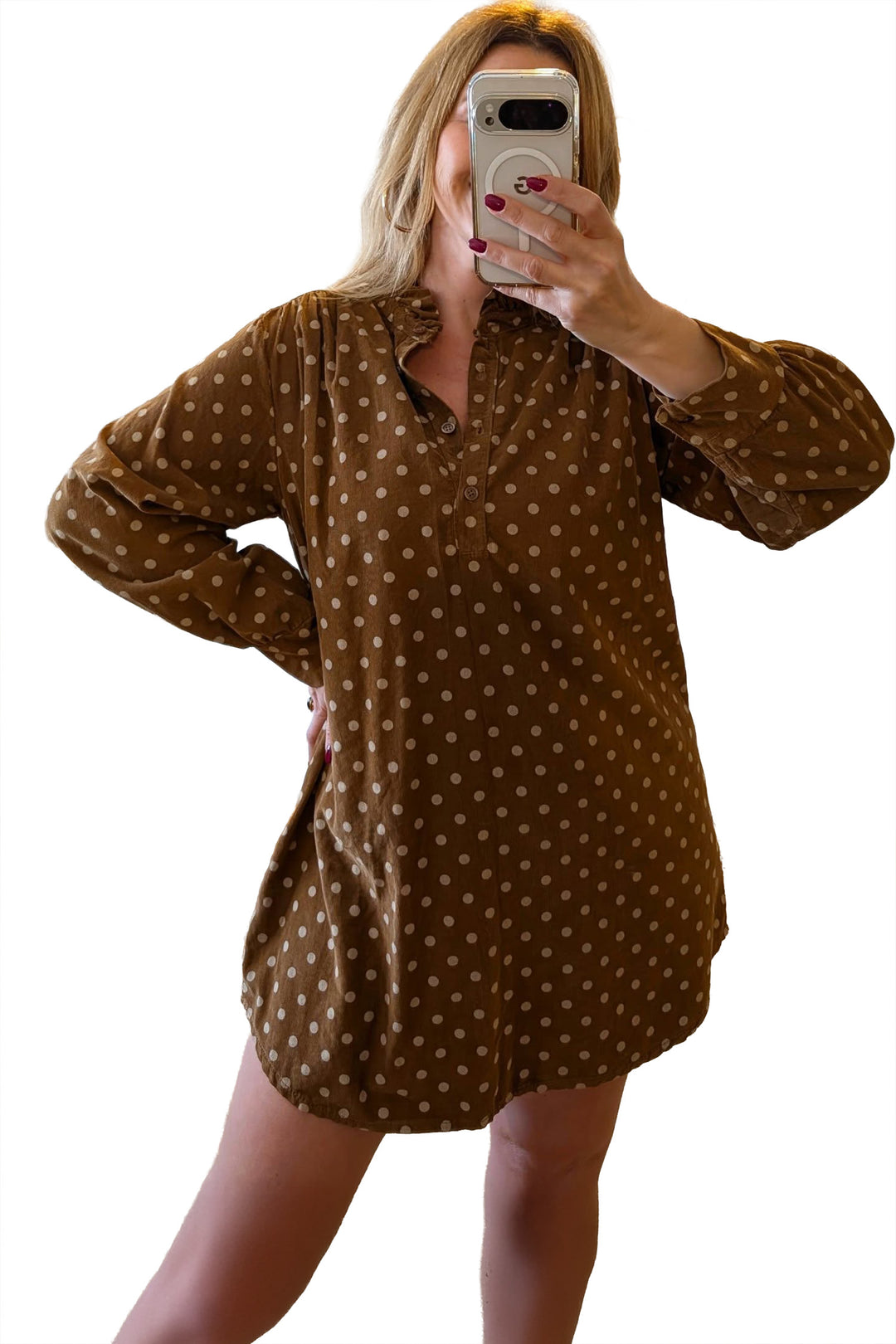 Brown Polka Dot V Neck Long Sleeve Button Shift Dress