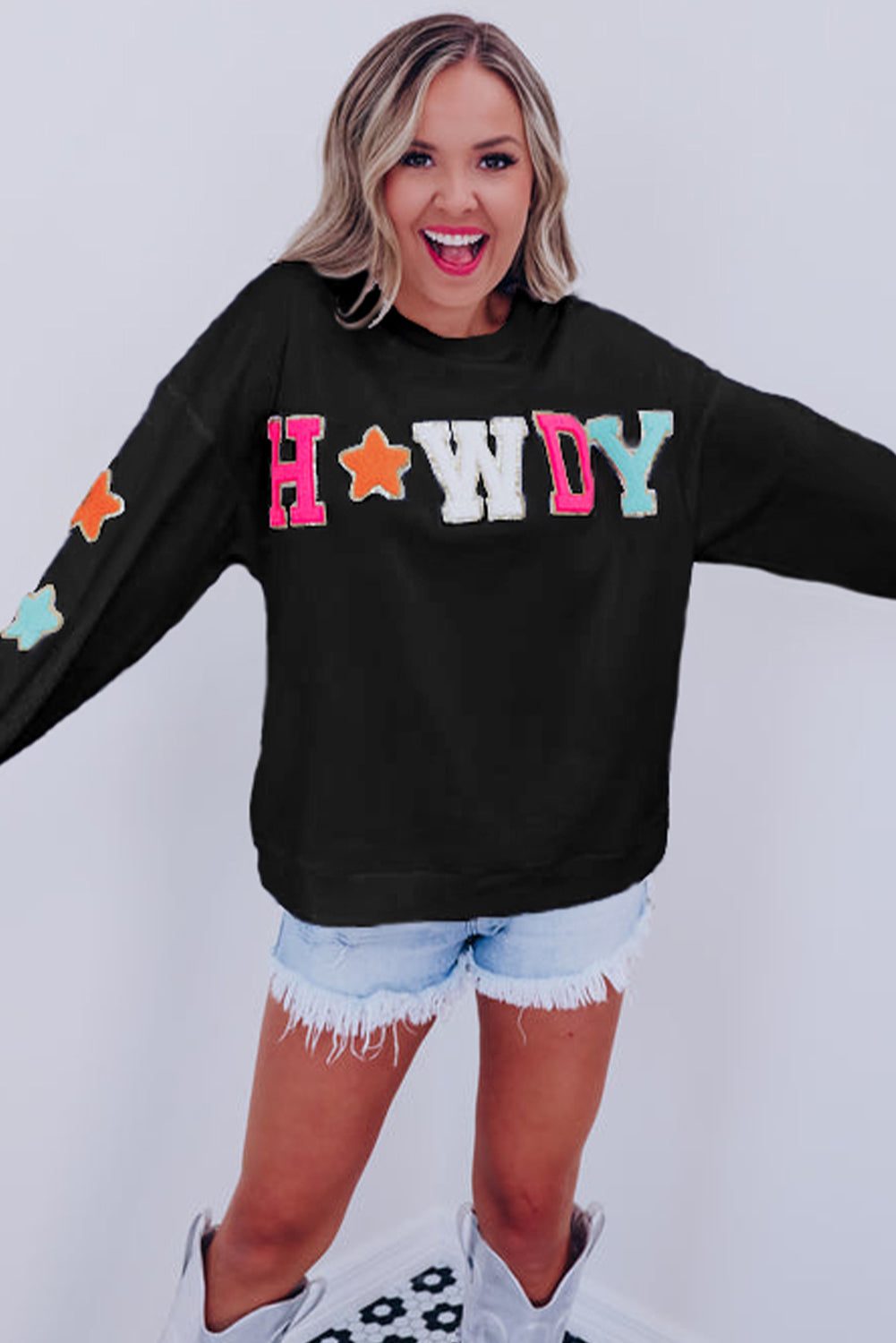 Black Howdy Glitter Chenille Patch Graphic Casual Sweatshirt