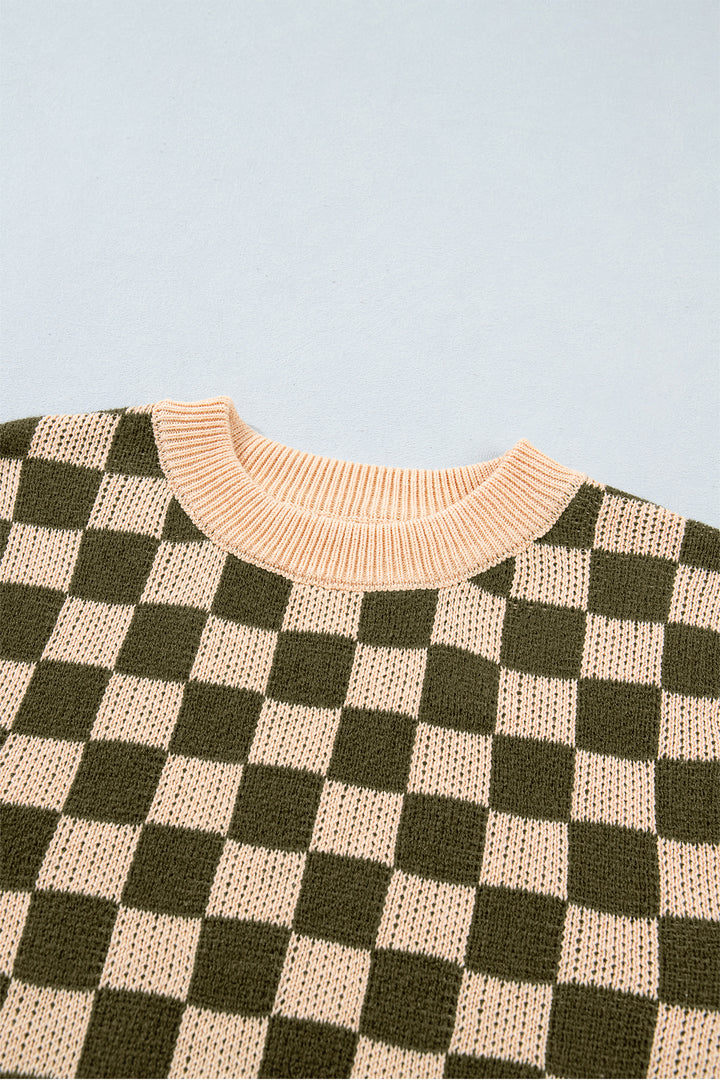 Multicolour Drop Shoulder Plaid Knit Long Sleeve Sweater