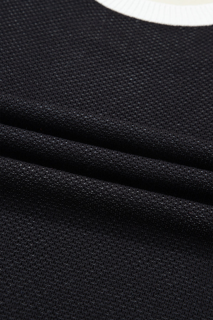 Black Horse Shoe Pattern Contrast Trim Short Sleeve Sweater