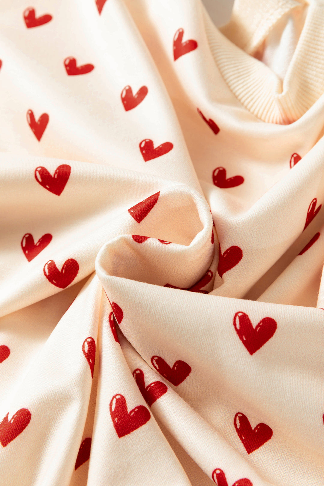 Beige Heart Print Round Neck Long Sleeve Regular Fit Sweatshirt