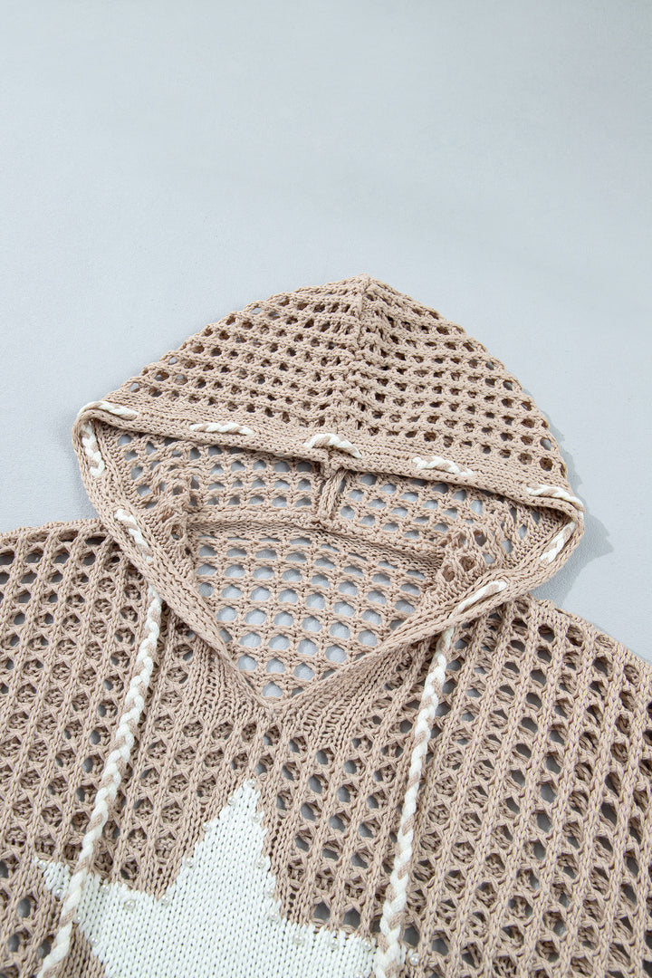 Sage Green Star Pattern Crochet Hooded Drawstring Sweater
