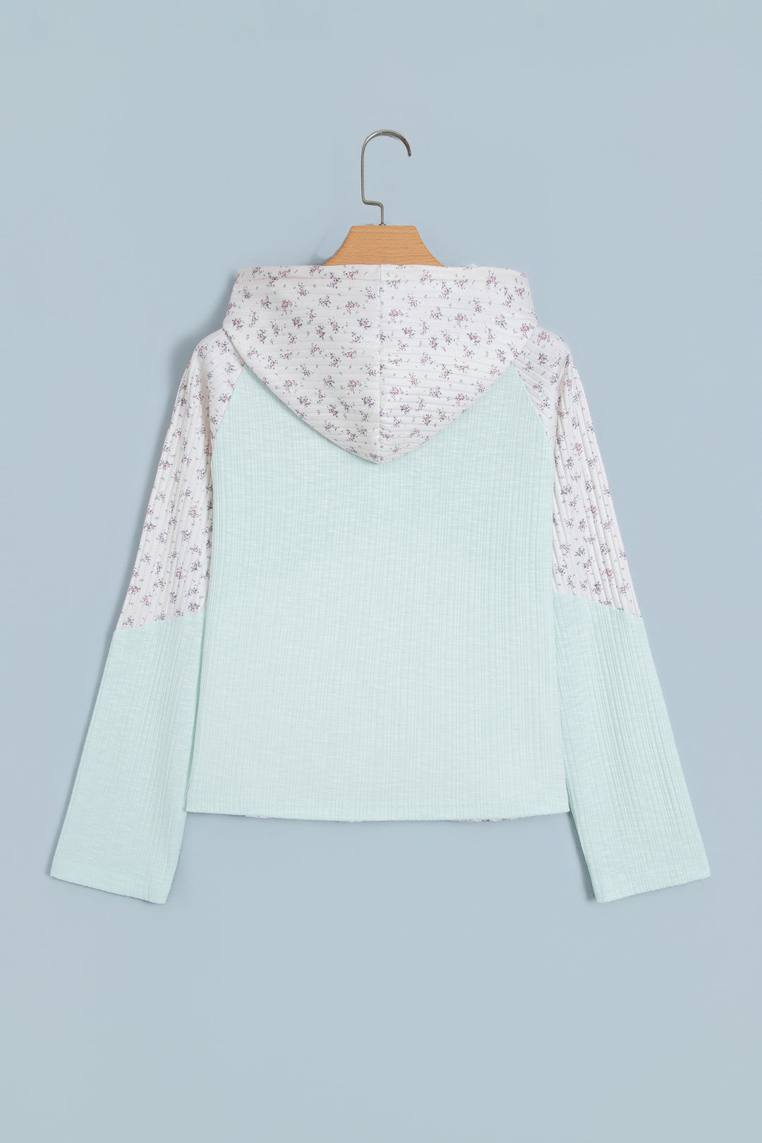Clearly Aqua Textured Floral Patchwork Button Hooded Long Sleeve Top