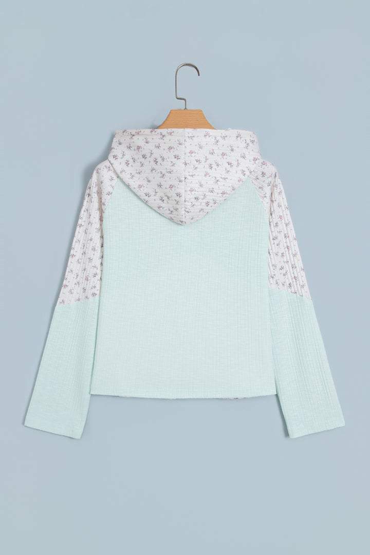 Clearly Aqua Textured Floral Patchwork Button Hooded Long Sleeve Top