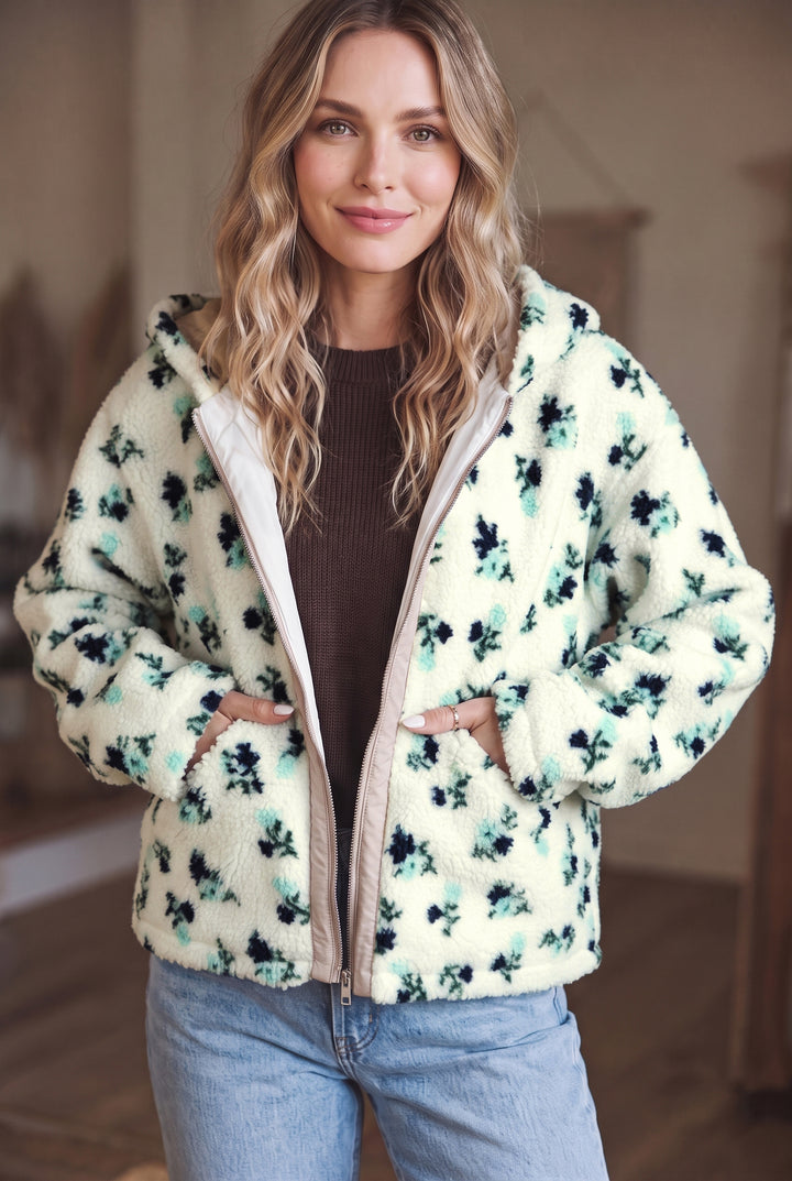 White Floral Print Faux Fur Hooded Metal Zip-up Winter Jacket