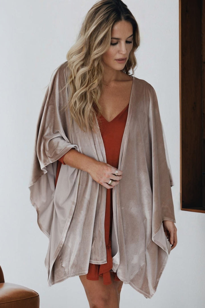 Smoke Gray 3/4 Sleeve Open Front Velvet Kimono