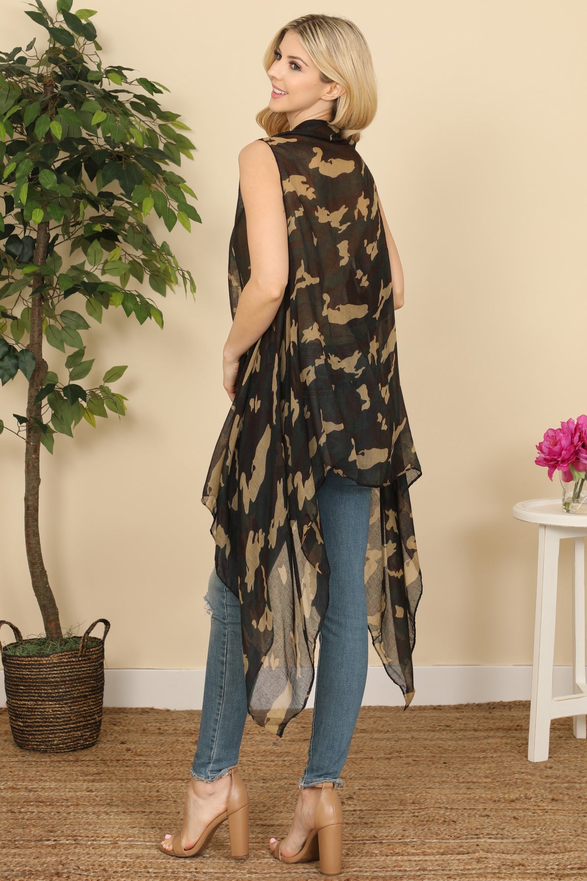 Hdf3083 - Knee Length Camouflage Open Front Kimono Vest