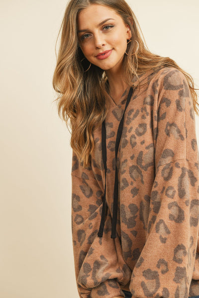 Leopard Brushed Hacci Puff Sleeved Hoodie With Drawstrings