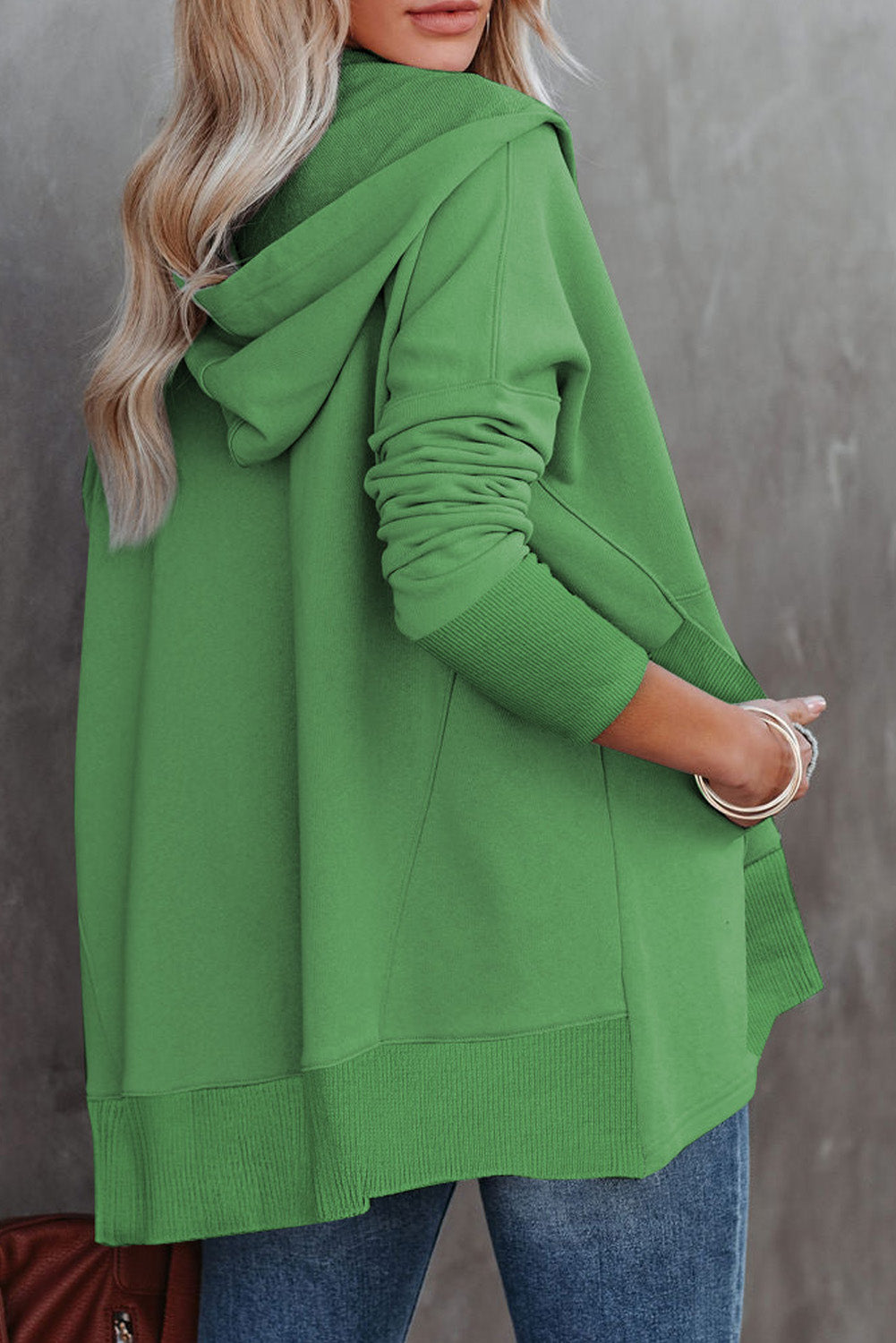 Green Batwing Sleeve Pocketed Henley Hoodie