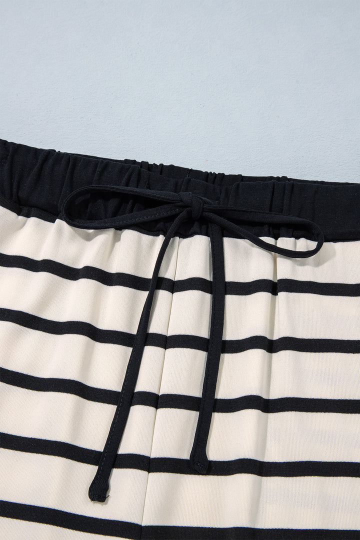 Beige Stripe Relaxed Long Sleeve Top Color Block Detail Drawstring Pant Set