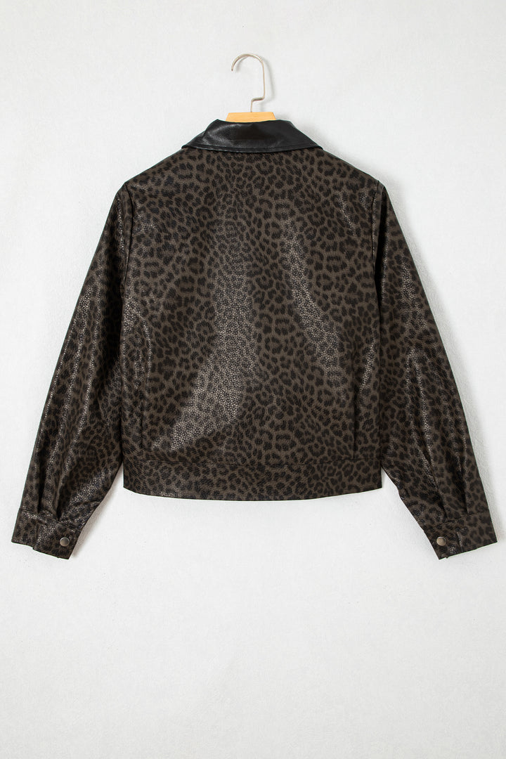 Multicolour Leopard Print Colorblock Collar Metal Placket Jacket