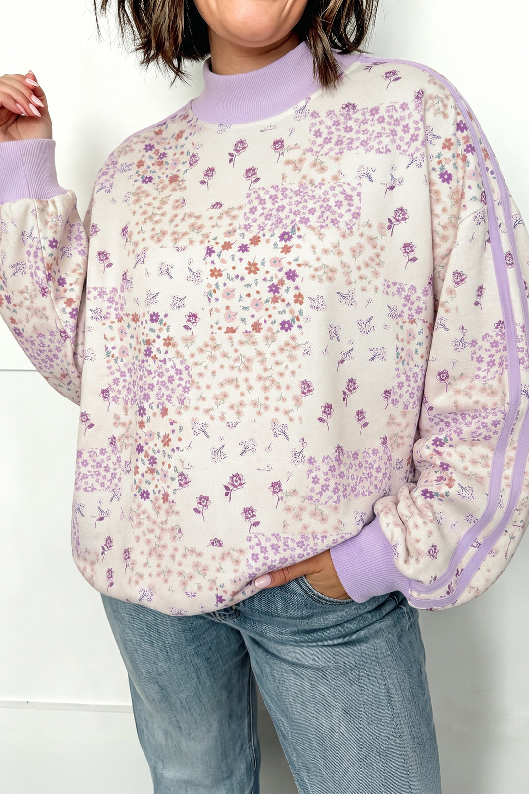 Purple Floral Print High Neck Colorblock Sleeve Paneling Sweatshirt