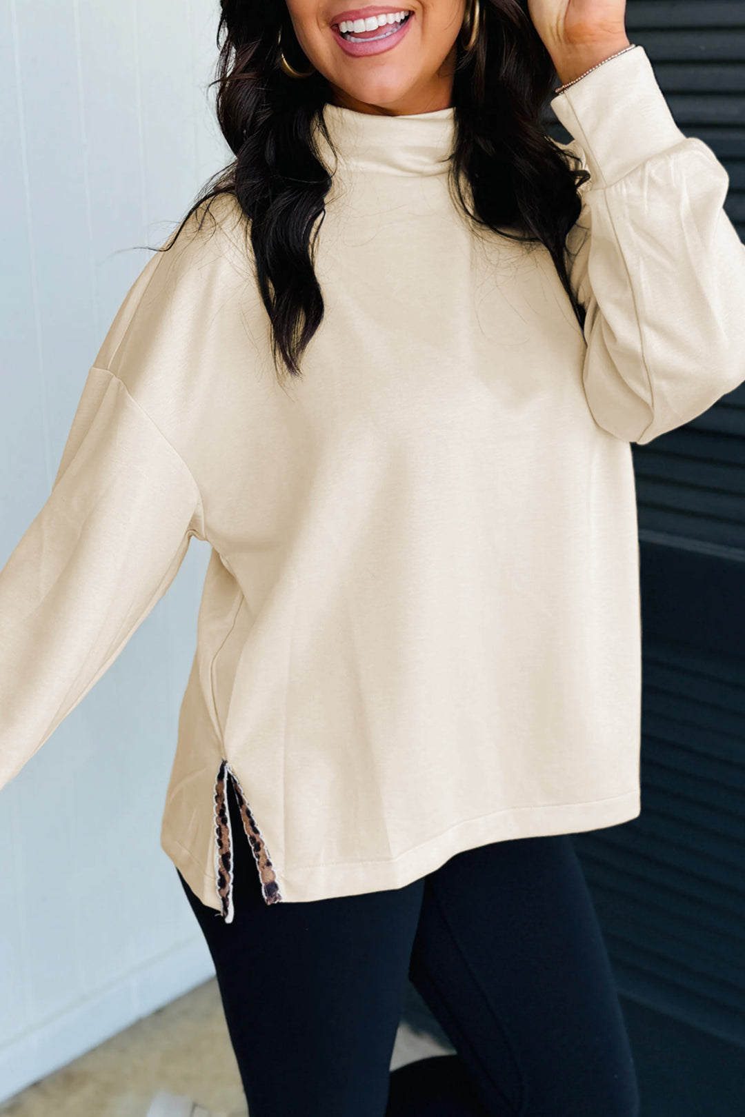 Beige Mock Neck Long Sleeve Leopard Detail Split Hem Top